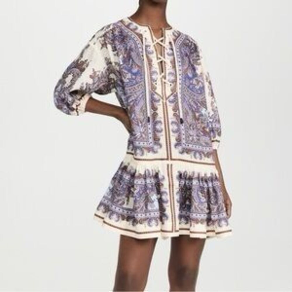 House of Harlow 1960 Linen Blend Lace-Up Puff Sleeve Mini Dress XS